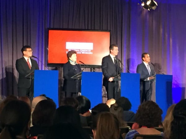 The four Democrats running for California Governor in 2018 met for their first forum at the NUHW conference in Anaheim, Calif., on Sunday, Oct. 22, 2017. From left: John Chiang, Delaine Eastin, Gavin Newsom and Antonio Villaraigosa.